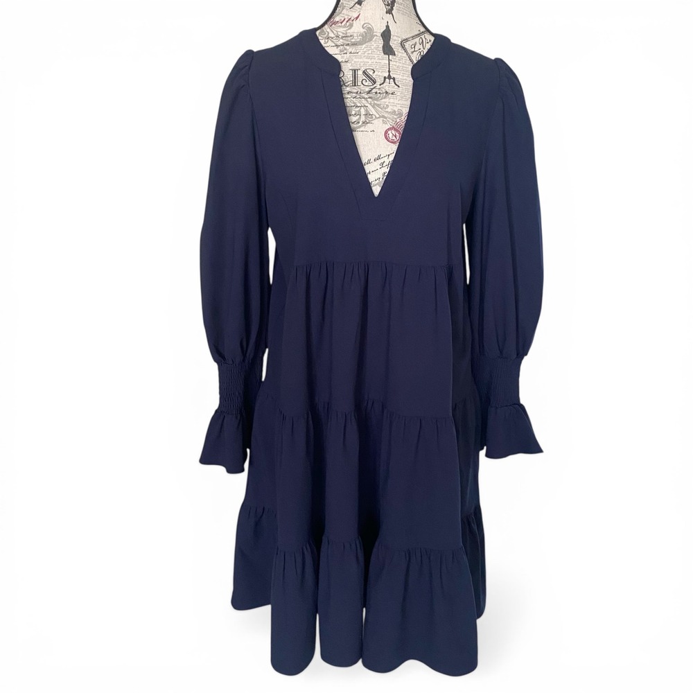 Pomander Place Kenzie Dress Womens M Navy Blue Tiered Smocked Cuff Babydoll Mini